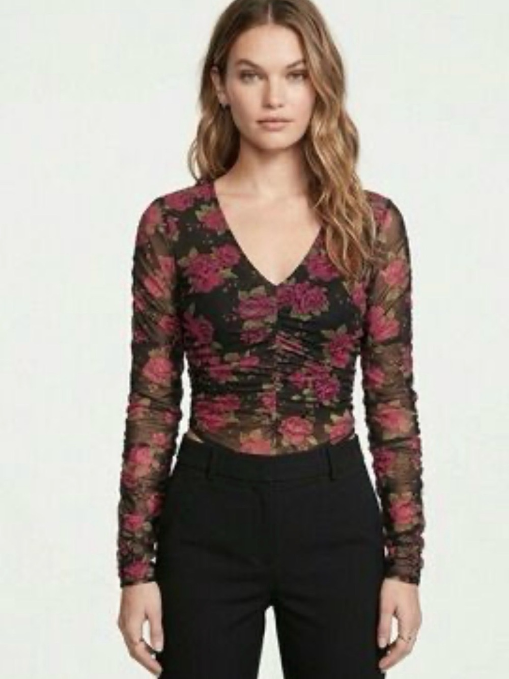 🤎 NWT Victoria’s Secret Sheer Black Mesh Bodysuit Red Rose Floral - XS (01065)